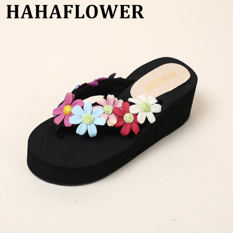 

Slippers HAHAFLOWER Female Open Toe Women's Sandles Thick Wedge Shoes Colorful Handmade Flower Gladiator Platform Summer Beach, Black