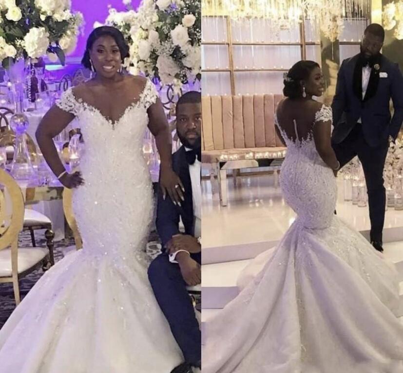

Plus Size Mermaid Wedding Dresses Sheer neckline Sequins Beads Lace Appliques African Bridal Dress Back Buttons Wed Gowns, White