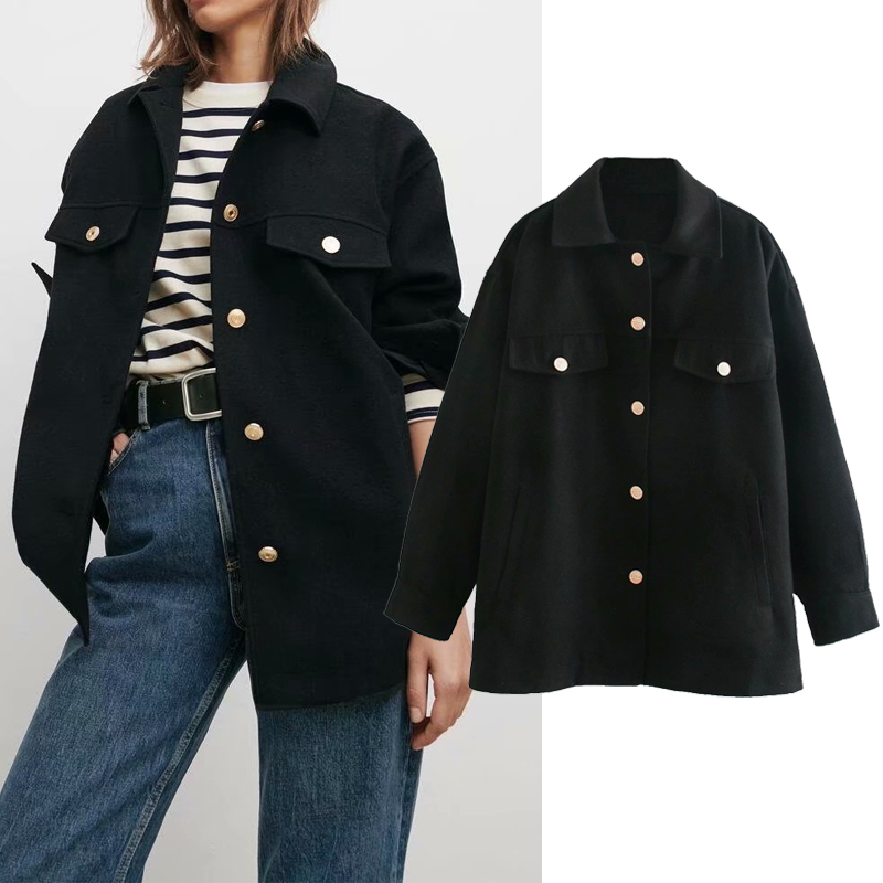 

Women's Down & Parkas autumn Black Turn Collar shirt Coat Solid color Elegant Jacket Autumn Long Golden buttons BPVZ