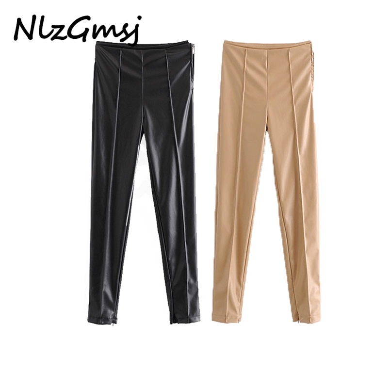 

Women Fashion Faux Leather Skinny Pants Vintage High Waist Side Zipper Female Ankle Trousers Mujer 210628, As picture