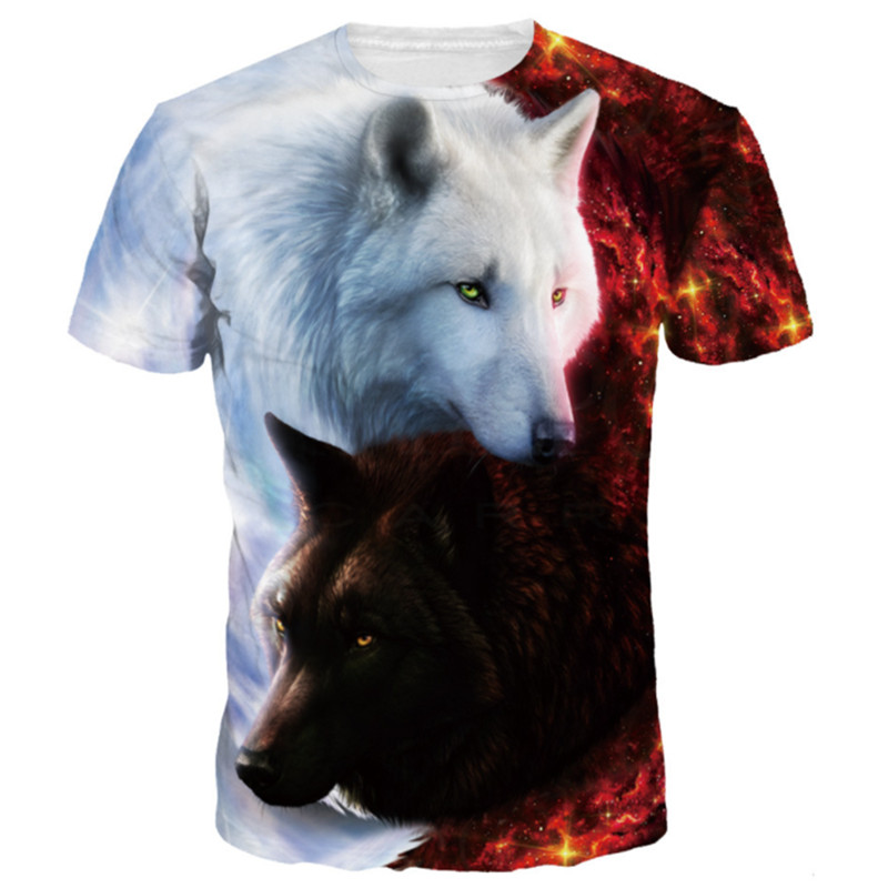 

Mens T-shirt Cool Color Print Wolf Short Sleeve Splicing Gradient Summer Casual Wear Menfolk Tees Blue Top Clothes for Lovers