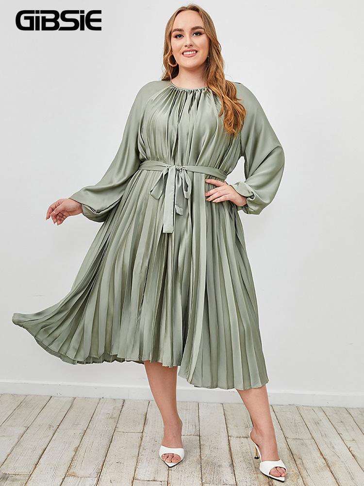 

Plus Size Dresses GIBSIE Lantern Sleeve Solid Belted Satin Dress Women Spring Fall Elegant Office Party Ladies O-Neck Pleated Long, Black
