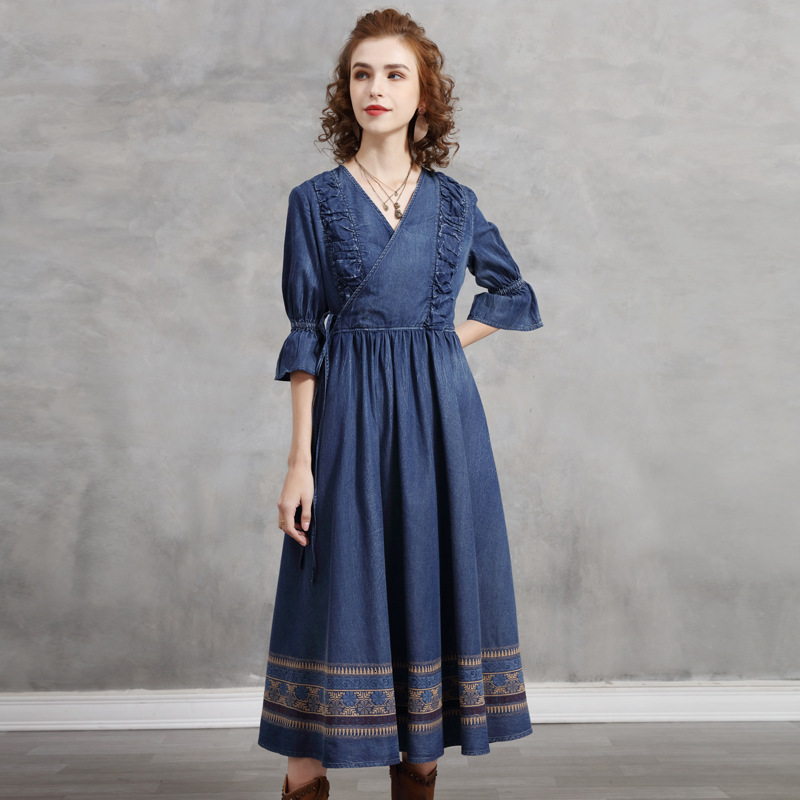 

Casual Dresses Spring Woman Denim Flare Sleeve Lace-up Long Women Vintage High Waist A-Line Embroidery Vestidos Femme DB6H, Blue