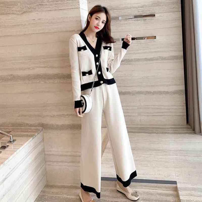 Woman Casual Dresses 2022 Women's Korean Autumn Dresses Light Mature Sweater Coat + Wide Leg Pants Net Red Foreign Style Two-piece Suit-image-754871375