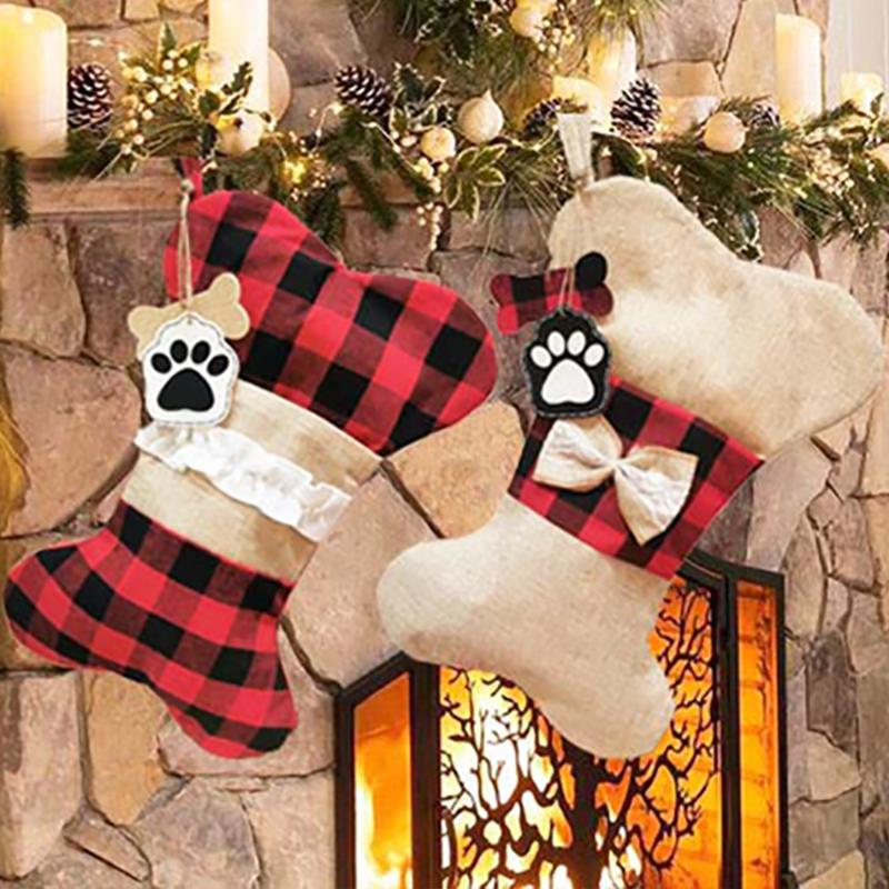 

Christmas Decorations Year 2022 Stocking Cute Pet Socks Red Black Plaid Gift Bag For Home Xmas Ornaments Navidad