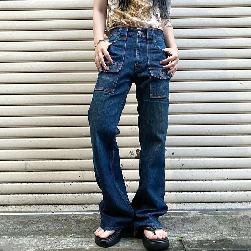 

Women's Jeans Rapwriter Y2K Pocket Retro Blue Mid Waist Straight Pants Women Harajuku Vintage Denim For Girl 90s Streetwear
