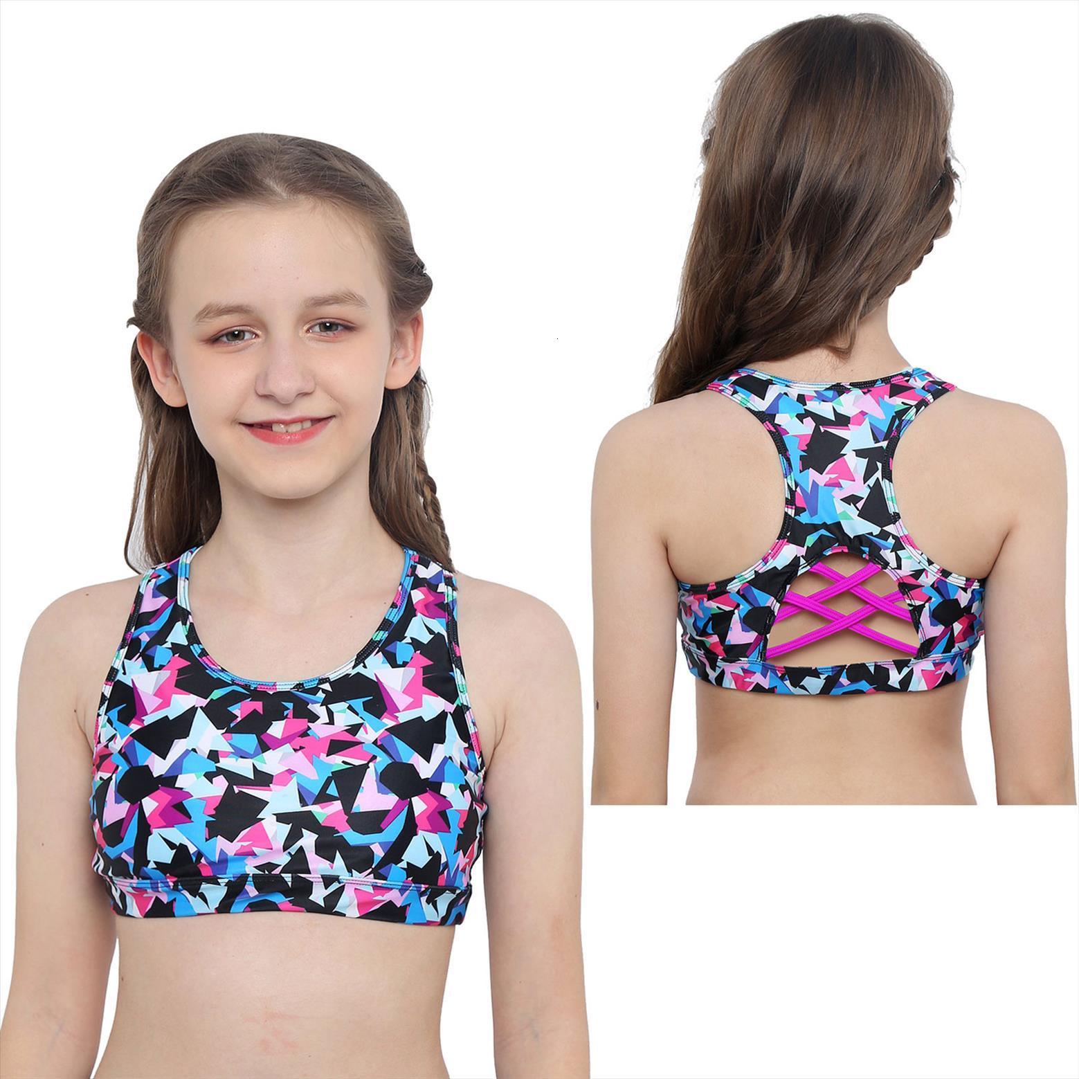 

kids girls ballet dance tank sleeveless floral printed racer crisscross back sport crop for gymastics workout, Blue
