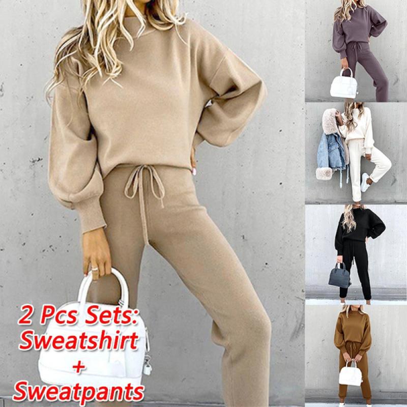 

Women' Two Piece Pants Women Autumn Winter Fleece Sport Suit Sweatshirt + High Waisted Drawstring Sweatpants Sets 2 Pcs Solid Color Outfits, Black