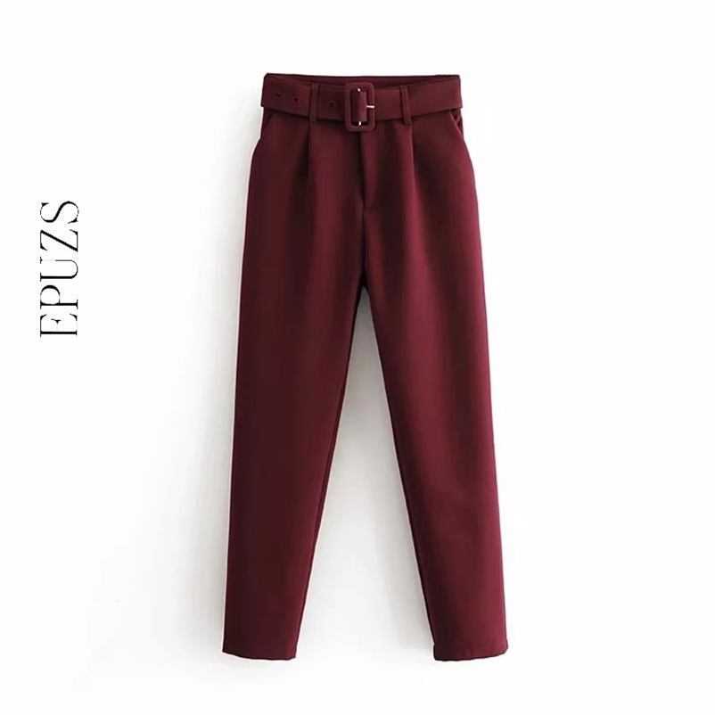 

elegant Khaki purple harem pants women pockets zipper office high waist casual pencil trousers 210521, Red