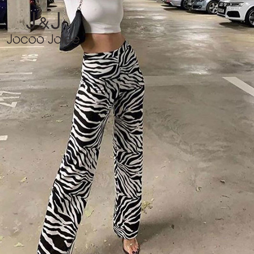 

Jocoo Jolee Women Spring Autumn Basic Elastic Waist Party Club Trousers Print Casual Vintage Zebra Pattern Wide Leg Pants 210518, Black