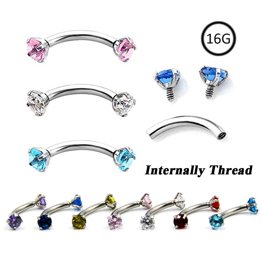 

Colorful Crystal Internally Thread Prong Set Double Gem Eyebrow Ring Curved Barbell Piercing Body Jewelry 16g
