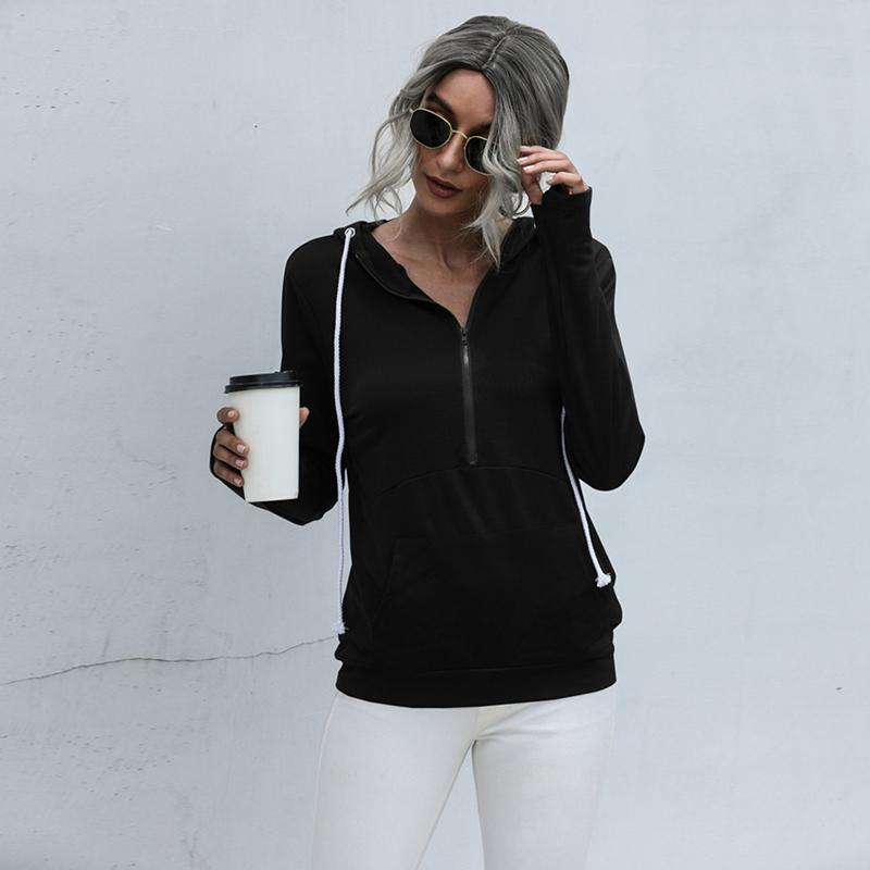 

Women Autumn Long Sleeve Half Zipper Solid Sweatshirt Drawstring Hoodies Casual Loose Pullover With Pocket Women' & Sweatshirts, Blue