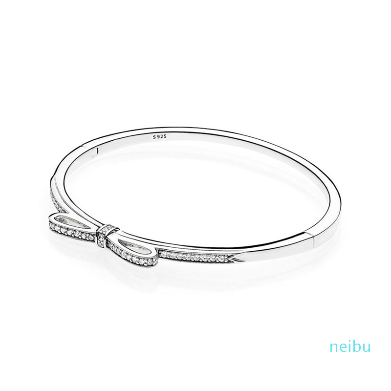 

New arrival 925 Sterling Silver Sparkling Bow Bangle Bracelet Original Box for Pandora CZ Diamond Women Weddnig Gift Jewelry Bracelet Set, Black