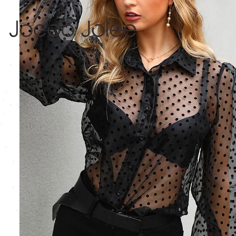 

mesh sheer see through womens shirts lantern long sleeve fashion polka dot transparent white female blusa