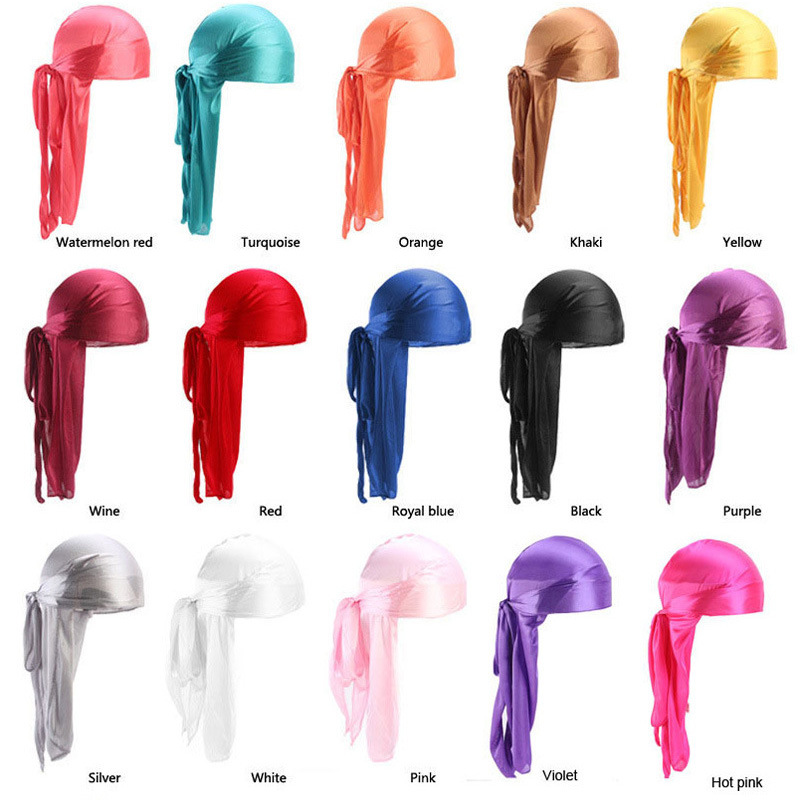 

Silky Long Tailed Women Men Scarf Solid Color Satin Pirate Hats Durag Bandanna Turban Chemo Caps Headpiece Headdress JW155