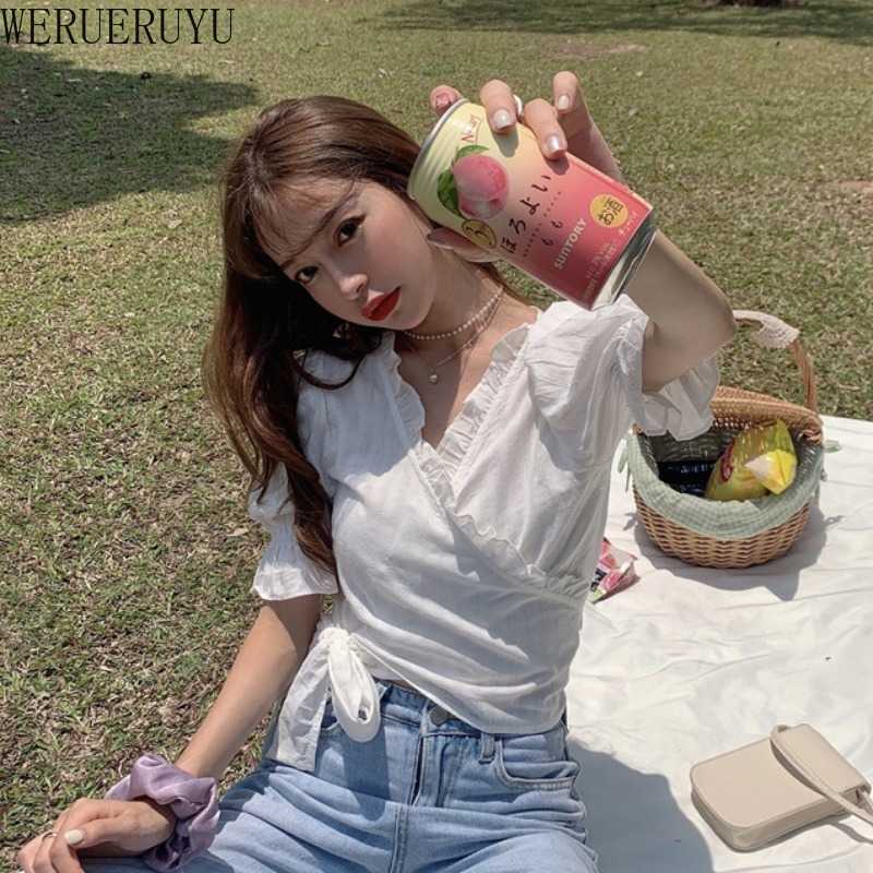 

WERUERUYU women sweet casual blouse shirts women puff sleeve white chemise chic tops 210608, Photo color