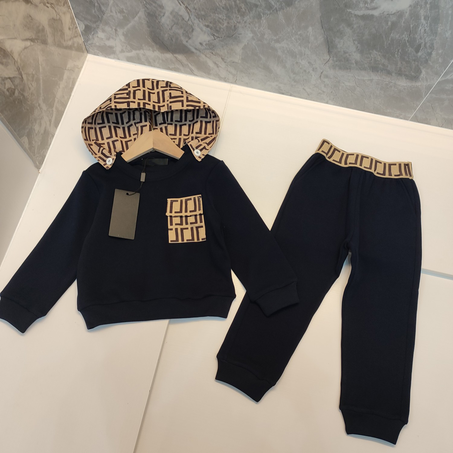 

designer kids Hooded + pants sets childrens autumn tracksuit clothing long sleeve trousers set girls sports boys wear size 100-150, 03