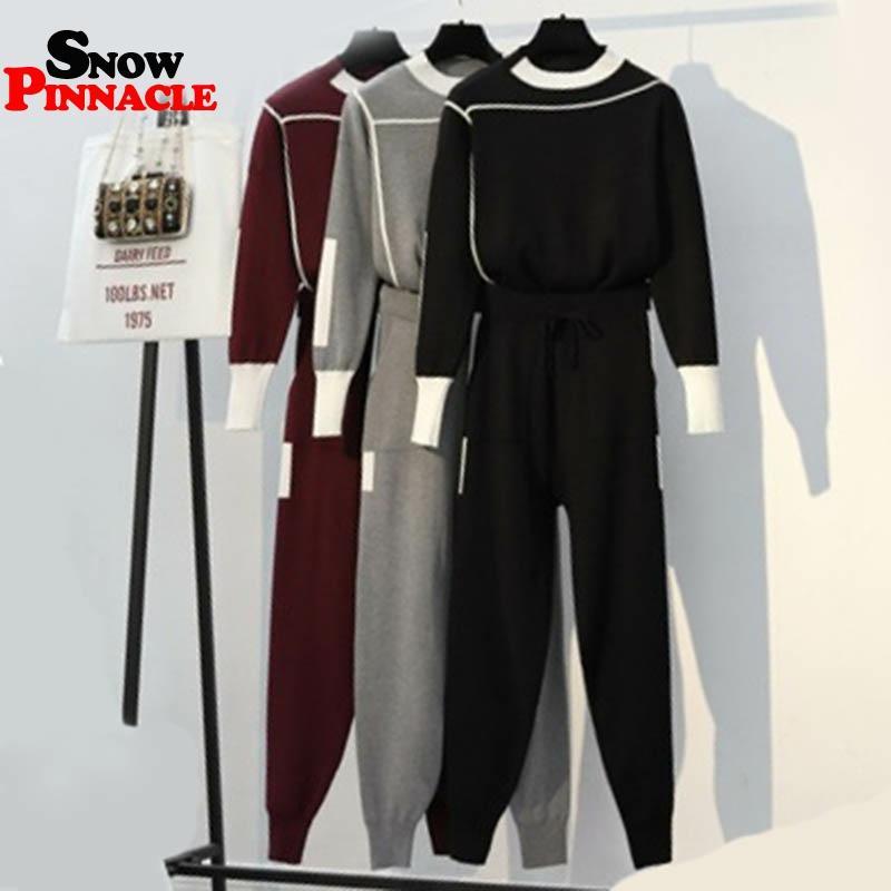 

Women knitted sweater Suit and sets Autumn female styled patchwork pullovers long pants girls casual loose costumes 210524, Black