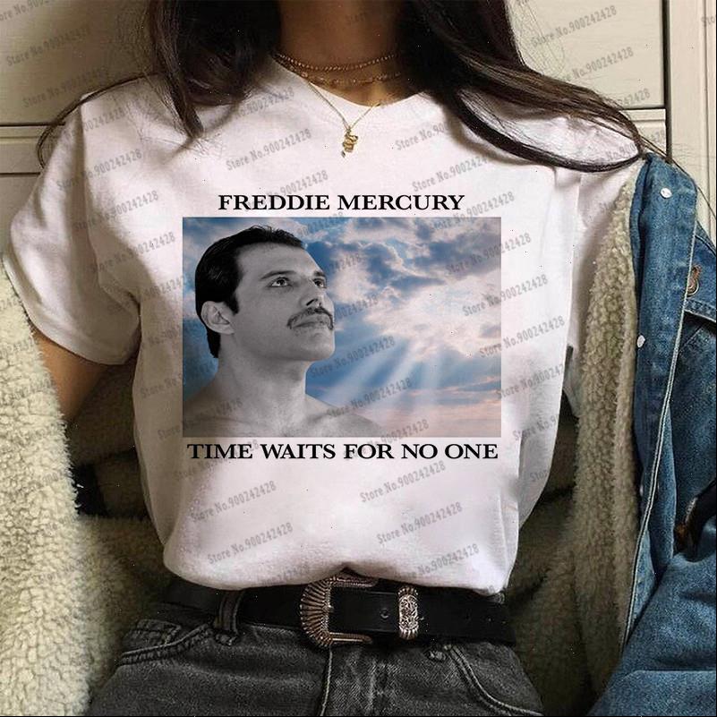 

Aesthetic Freddie Womens T Shirt Mercury Sky women Queen Band Harajuku Personal portrait Graphic print Tee Vogue Rock Tops, White