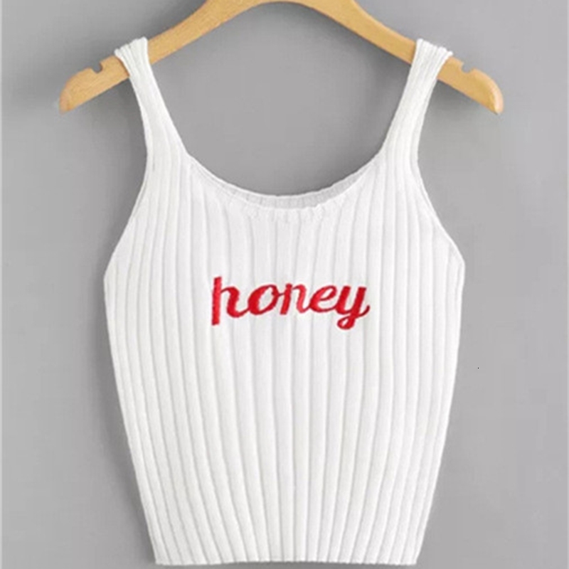

Women's T-Shirt 041423 Letter Embroidered Ribbed Knit Top Women Summer Casual Tank Tops Streetwear Clothing Scoop Neck Crop Vest 9, White
