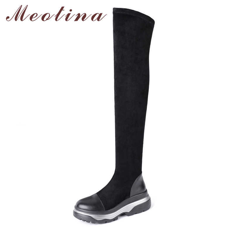 

Meotina Winter Over The Knee Boots Women Natural Genuine Leather Flat Platform Thigh High Boots Sexy Slim Stretch Shoes Lady 42 210608, Black