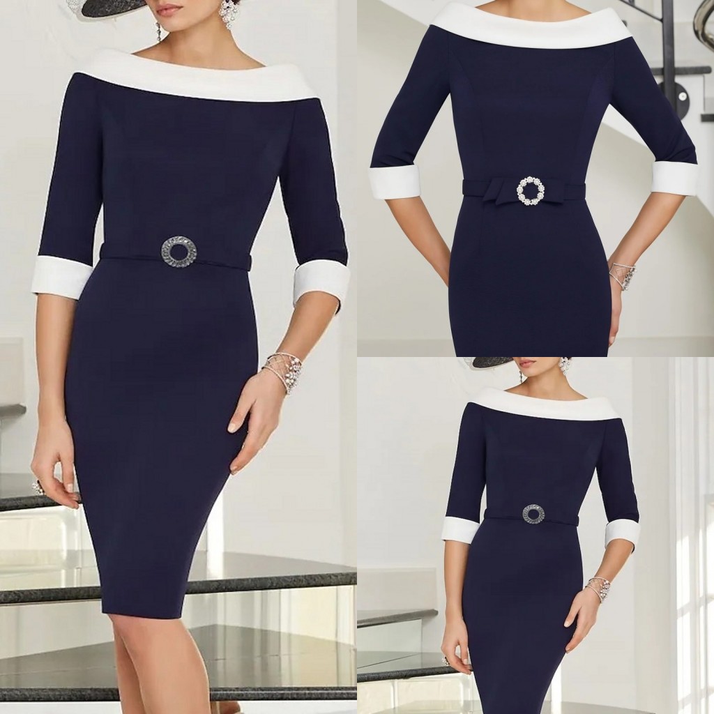 

Dark Navy Satin Mother of the Bride Dress With Sash 2022 Jewel Knee Length Bridal Party Gown Vestidos Robe De Soiree