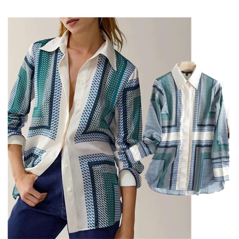

Women' Blouses & Shirts Dave&Di England Style Fashion Geometric Printing Vintage Loose Casual Autumn Blouse Women Blusas Mujer De Moda 2021