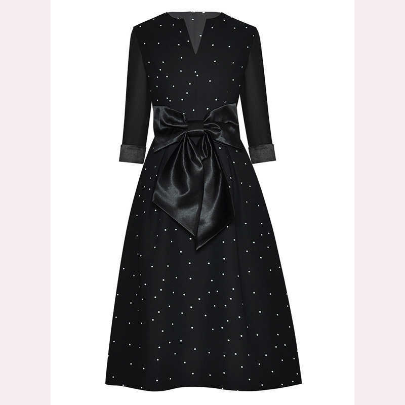 

HIGH QUALITY est Fashion Spring V-Neck Cropped Sleeve Bow With Long Polka Dot Dress 210526, Blue