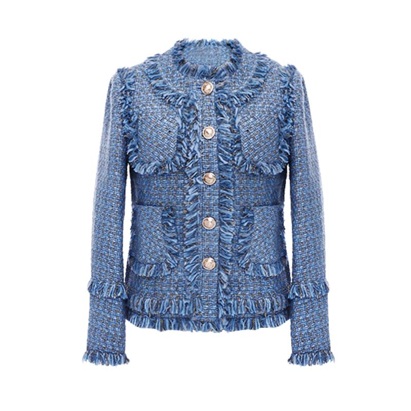 

Women' Jackets Autumn Winter Jacket Women Fashion Fringed Tassels Single Breasted Pocket Casual Long Sleeve Short Tweet Woolen Coat, Blue