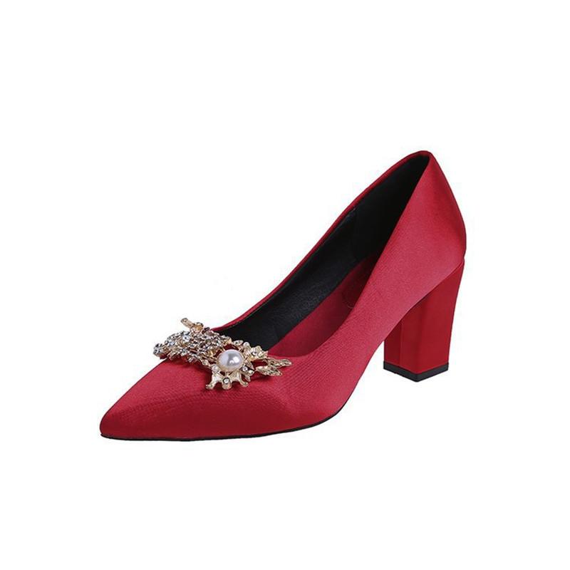 

Dress Shoes Style Red Thick Heel Rhinestone High Heels Fashion Korean Wedding Womens Single