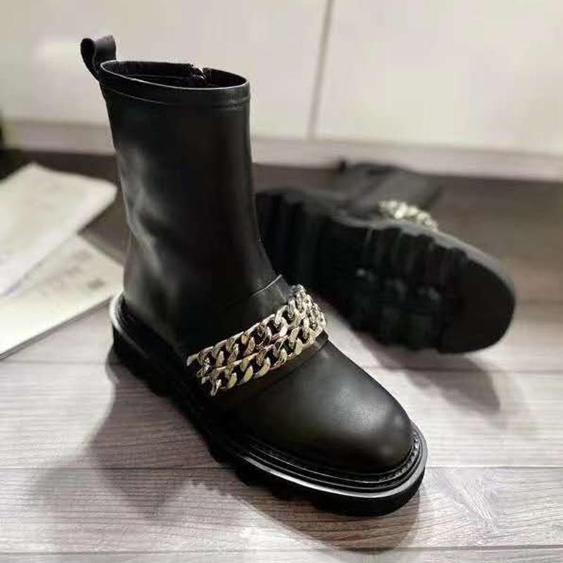 

Boots Vallu 2021 Winter Full Leather Fashion High-end Big Chain Non-slip Outsole Motorcycle Women Outdoor, Black short boots