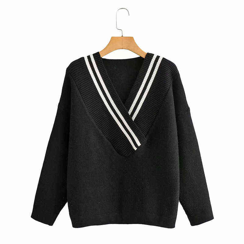 

Autumn-Winter Women V-neck Contrast Color England Style Fashion Knitted Pullover Chic Lady Long Sleeve patchwork Sweater femme Y1110, Black