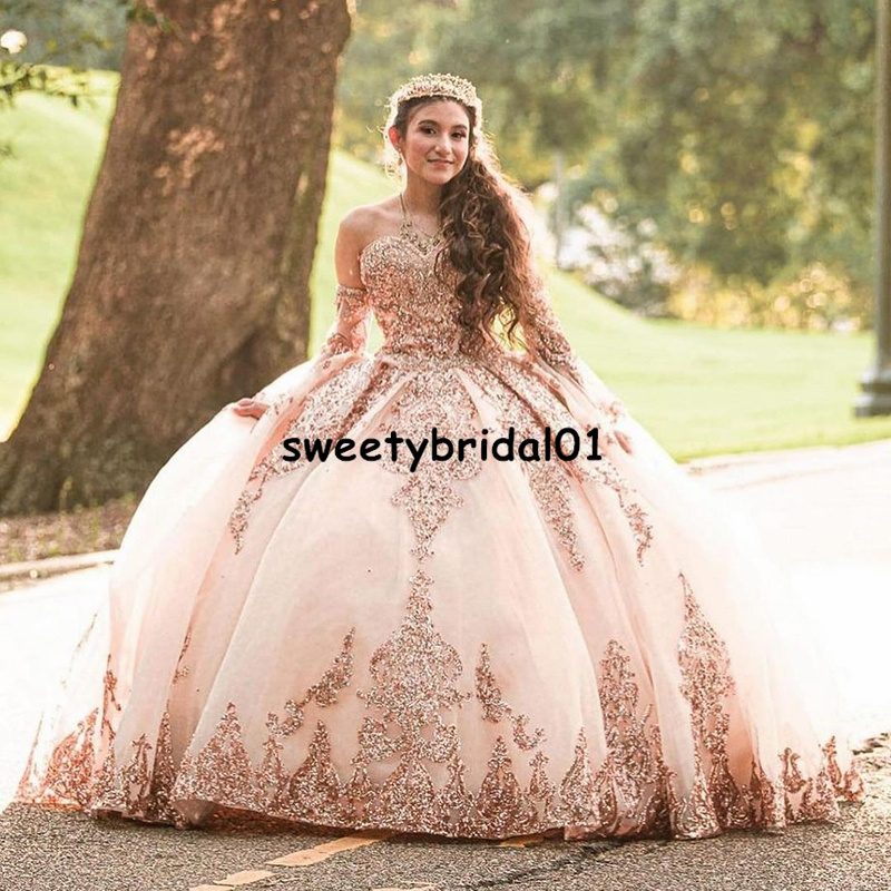 

Sparkly Ball Gown Quinceanera Dresses Detachable Sleeves Sweetheart Sequines Applique Sweet 16 Dress Masquerad Party Wear, Hunter