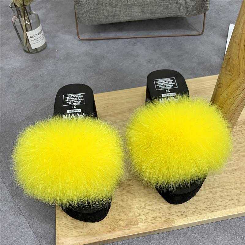 

Fur Slides Women Flip Flops Real Slippers Home Shoes Fluffy High-heeled Summer Flats Ladies Sandals, Black
