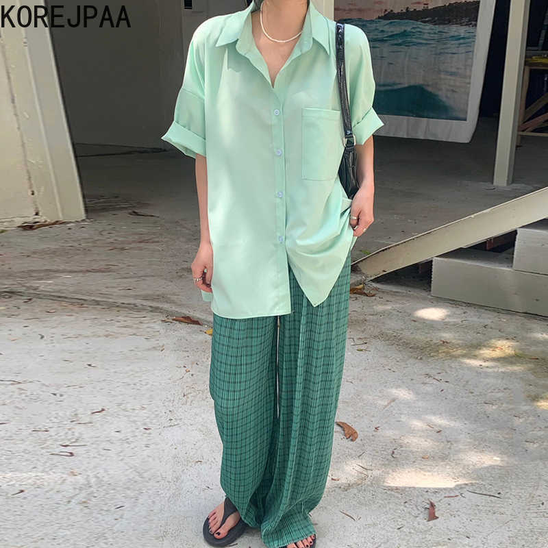 

Korejpaa Women Sets Summer Korean Chic Ladies All-Match Green White Loose Shirt High-Waist Plaid Pleated Wide-Leg Trousers 210526, Green shirt