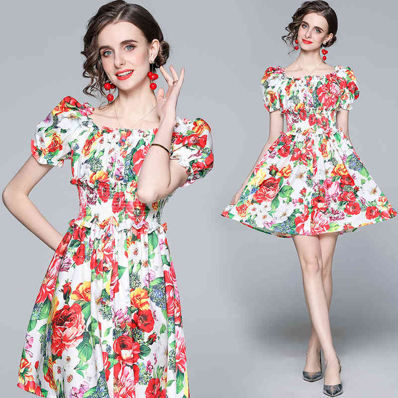 

French sweet temperament design floral print one-way neck short-sleeved elastic waist short holiday dress 210525, Color