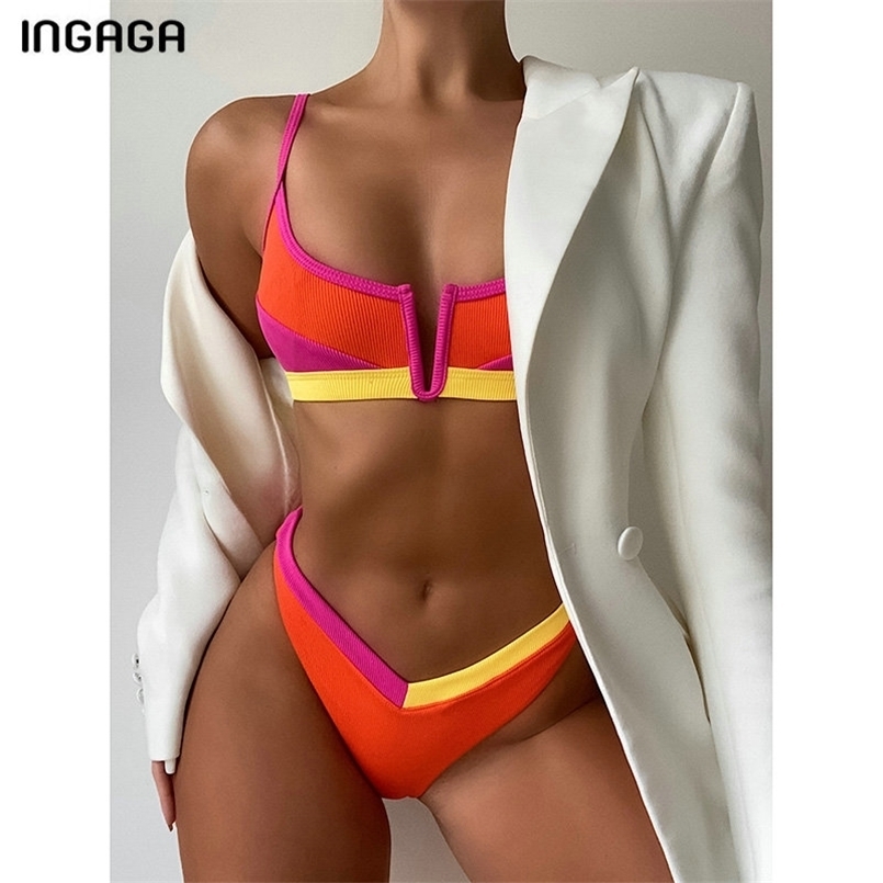 

INGAGA Sexy Bikinis Ribbed Swimwear Women's Swimsuit Push Up Bathing Suit Solid Patchwork Biquini Thong High Cut Bikini Set 210630, Cyan