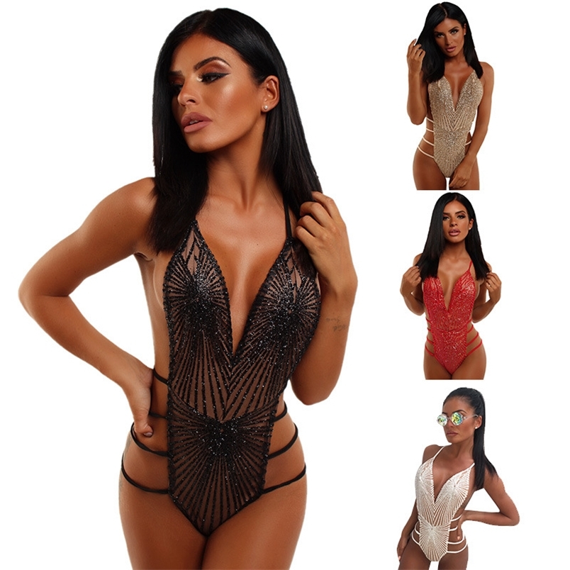 

OMSJ Women Sequins Strappy Backless Bodysuit Sleeveless Summer Beach Bodysuits Clubwear Outfits 210517, Beige