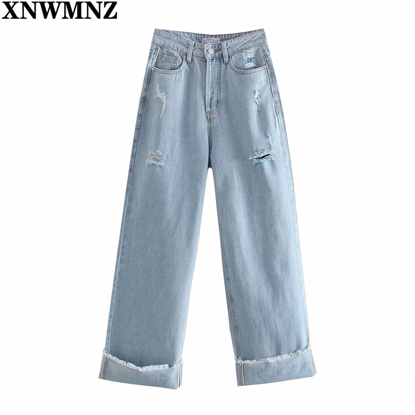 

women's fashion jeans with turn-up hems women loose for girls woman high waist wide-leg ripped trousers 210520, Blue