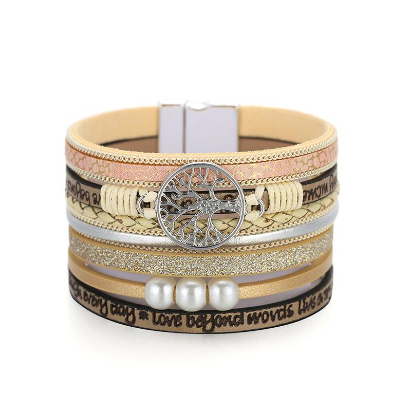 

Bangle Charm Women's Bracelet Bohemia Genuine Leathe Femaler Retro Tree Of Life Pearl Hand-woven Magnetic Buckle Female