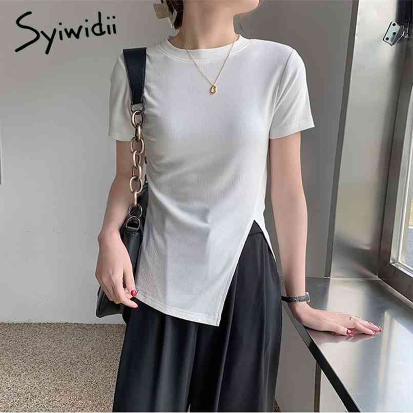 

Elegant Side Split T-shirts Women Knitted Short Sleeve Tops O-Neck White Elastic Clothes Summer Korean Shirts 210607, Black
