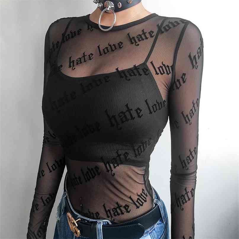 

Sexy Women Mesh T-Shirts See-Through Perspective Tshirt Letter Printed O Neck Transparent Long Sleeve T Shirt Tops 210607, Black