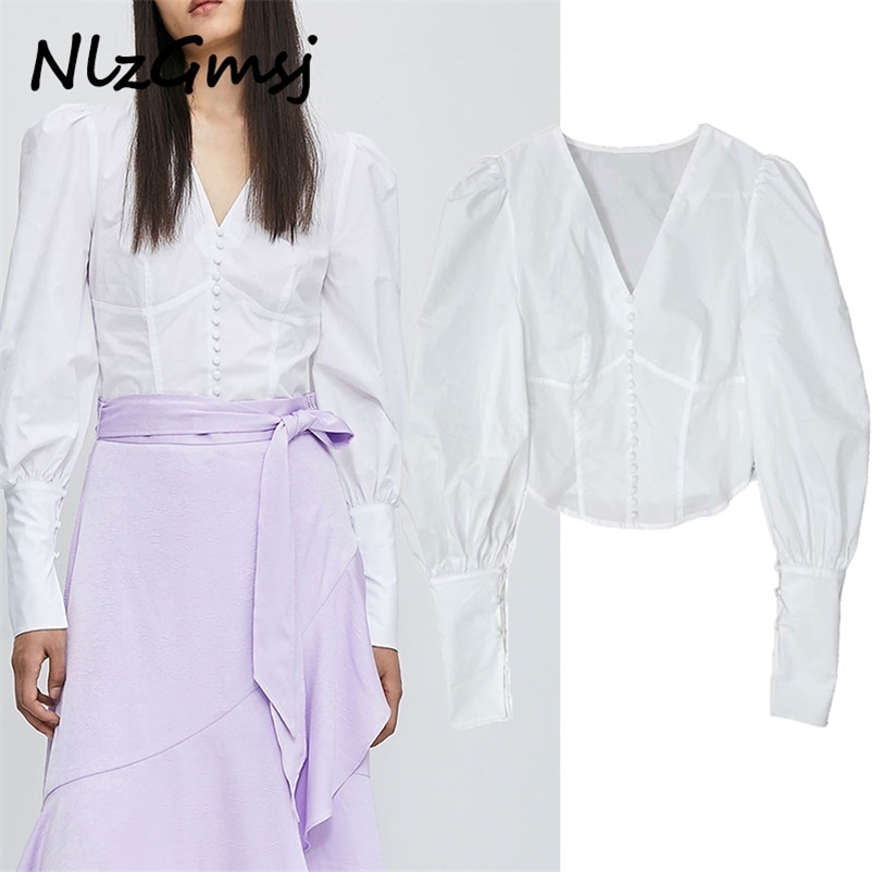 

Blouse Women Fashion Retro Short Tops V-neck Long Sleeve White Slim Shirt Elegant Sexy Clothing 210628