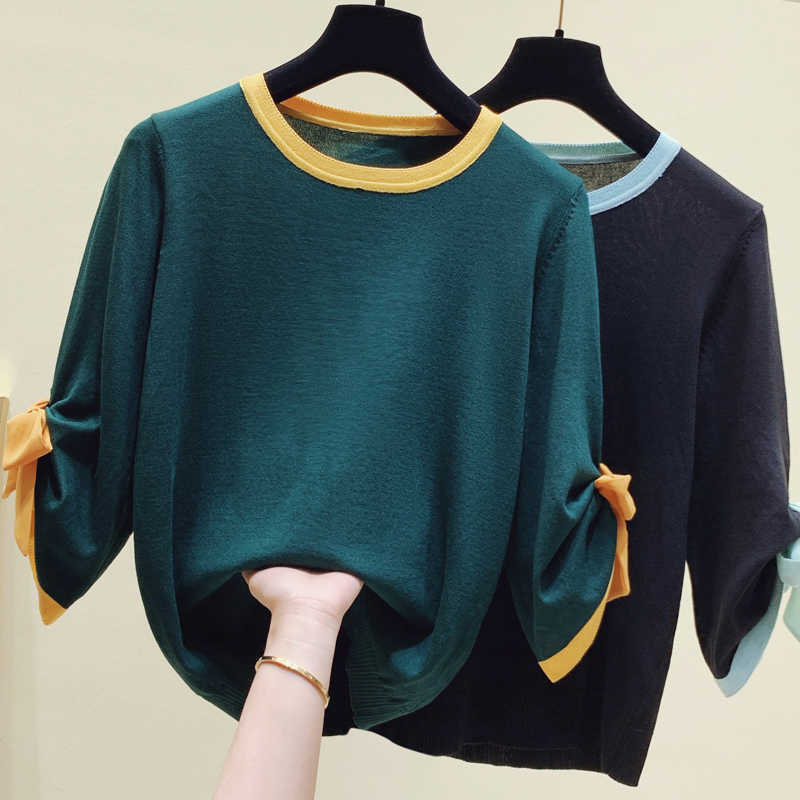 

Oversized Round Neck Thin Sweater Women Loose Solid Color bow Simple Bottoming Pullover Sweater Female Spring Summer 210604, Black