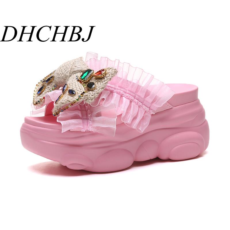

Slippers 2021 Women Slipper Sandals 9CM Heels Wedges Platform Shoes Soft Leather Peep Toe Beach Colorful Flip Flops Summer, Black