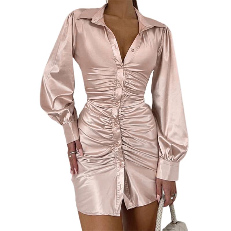 

Casual Dresses Fashion Women Shirt Dress Sexy Hollow Out Backless Long Sleeve Skinny Bandage Solid Color Button Lapel Collar Short, Black;gray