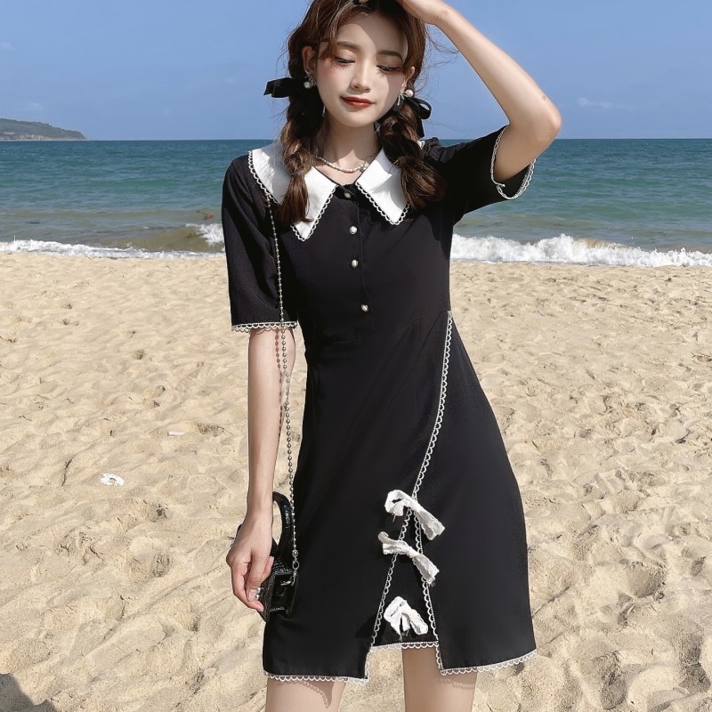 

French Vintage Mini Dresses Women Fashion Doll Collar Bandage Design Short Sleeve Elegant Black Chic Dress Females 210518