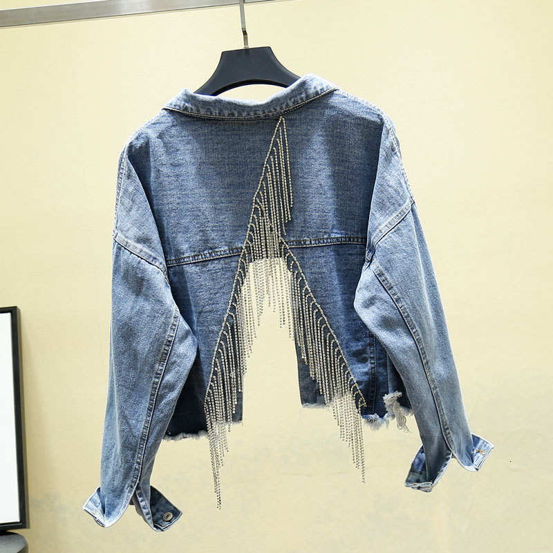 

women's jackets spring fall blue denim female y2k heavy tassel back slit openwork gray short coat jeans outwear indie hvx5, Black;brown