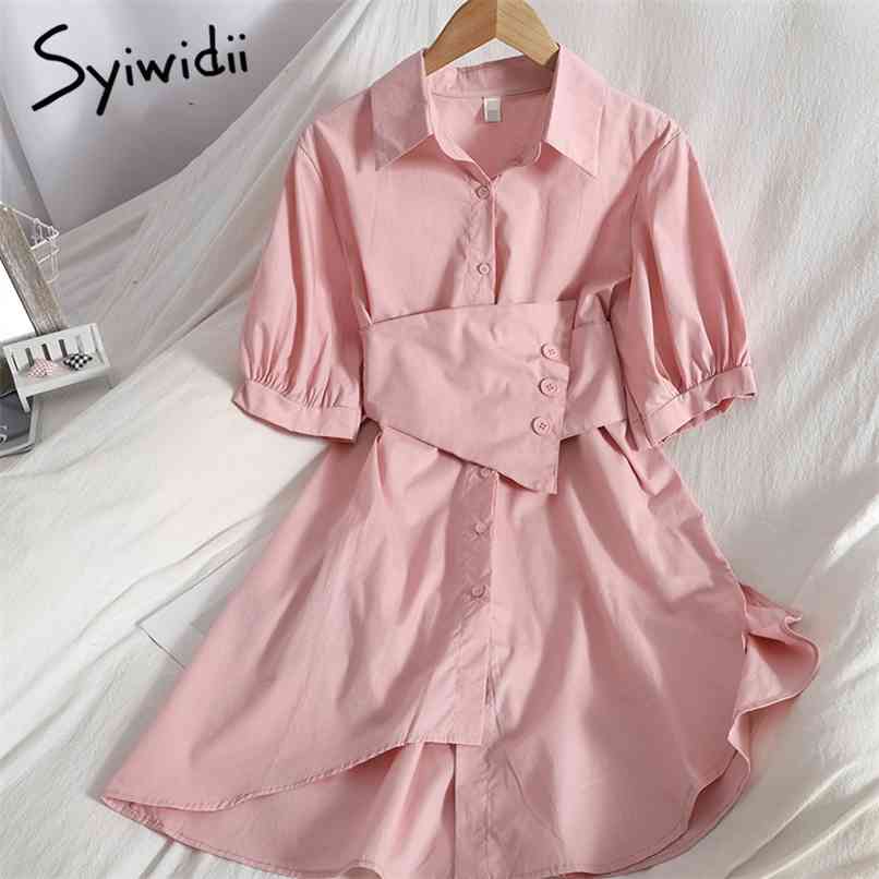 

Irregular Shirt Dress for Women Summer Button Up Puff Sleeve Casual Office Lady Midi Dresses Pink Blue White 210607