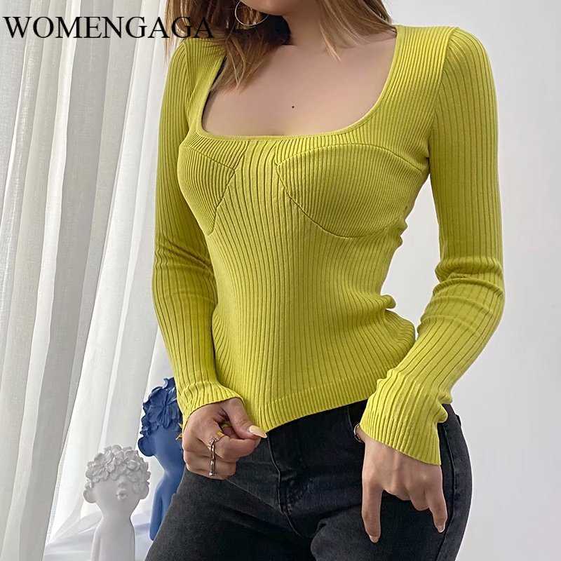 

WOMENGAGA Square Collar Online Full Sleeve Three-dimensional Sexy Top Slim Bottoming Autumn Winter Pullover Sweater GITS 210603, Blue